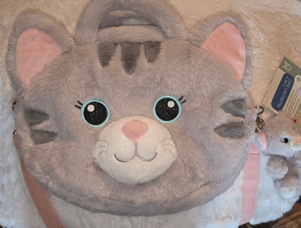 Tabby cat bag with strap handles and plushie