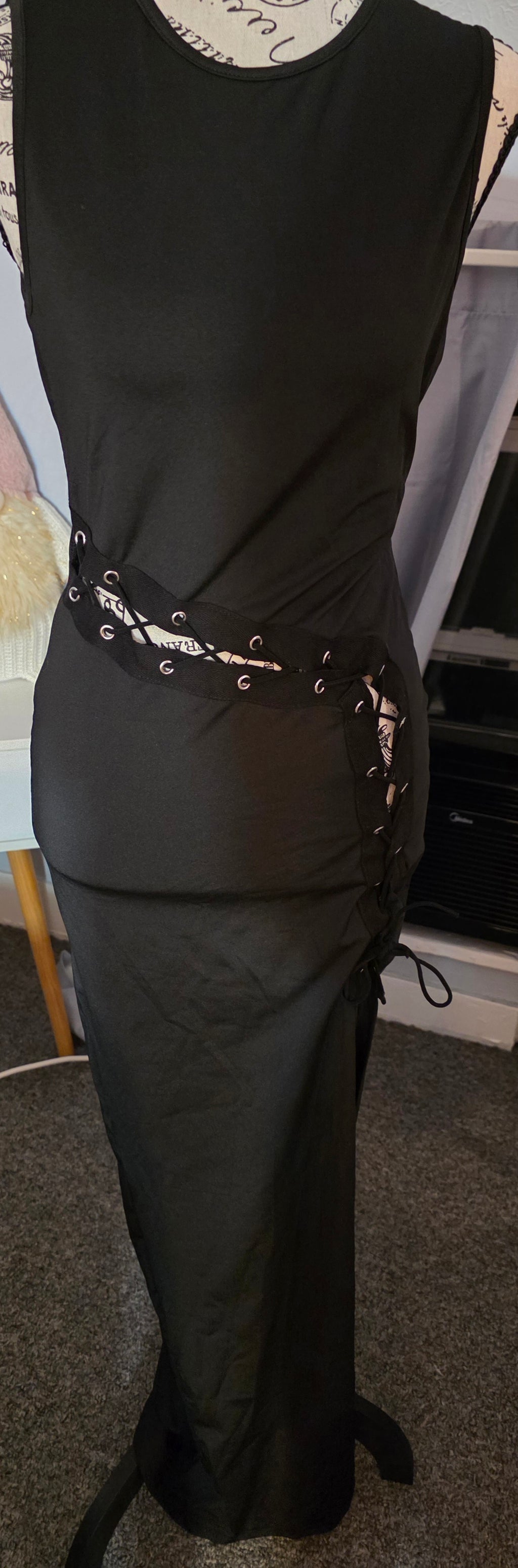 Long black dress with lace up side and split