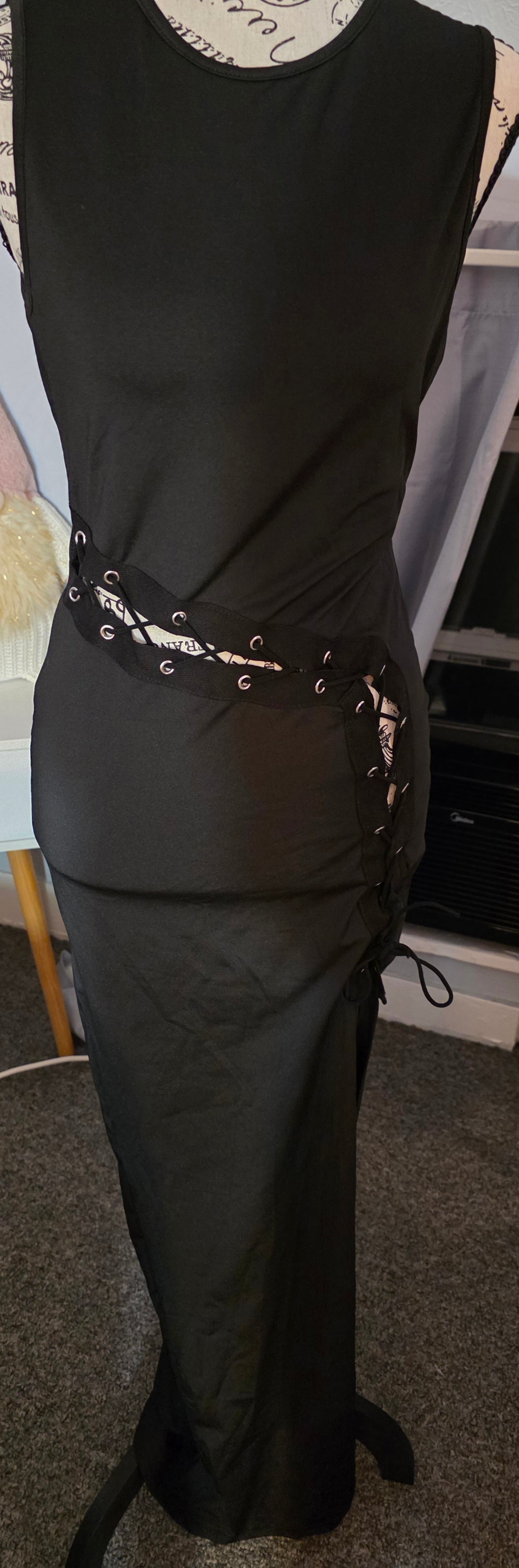 Long black dress with lace up side and split