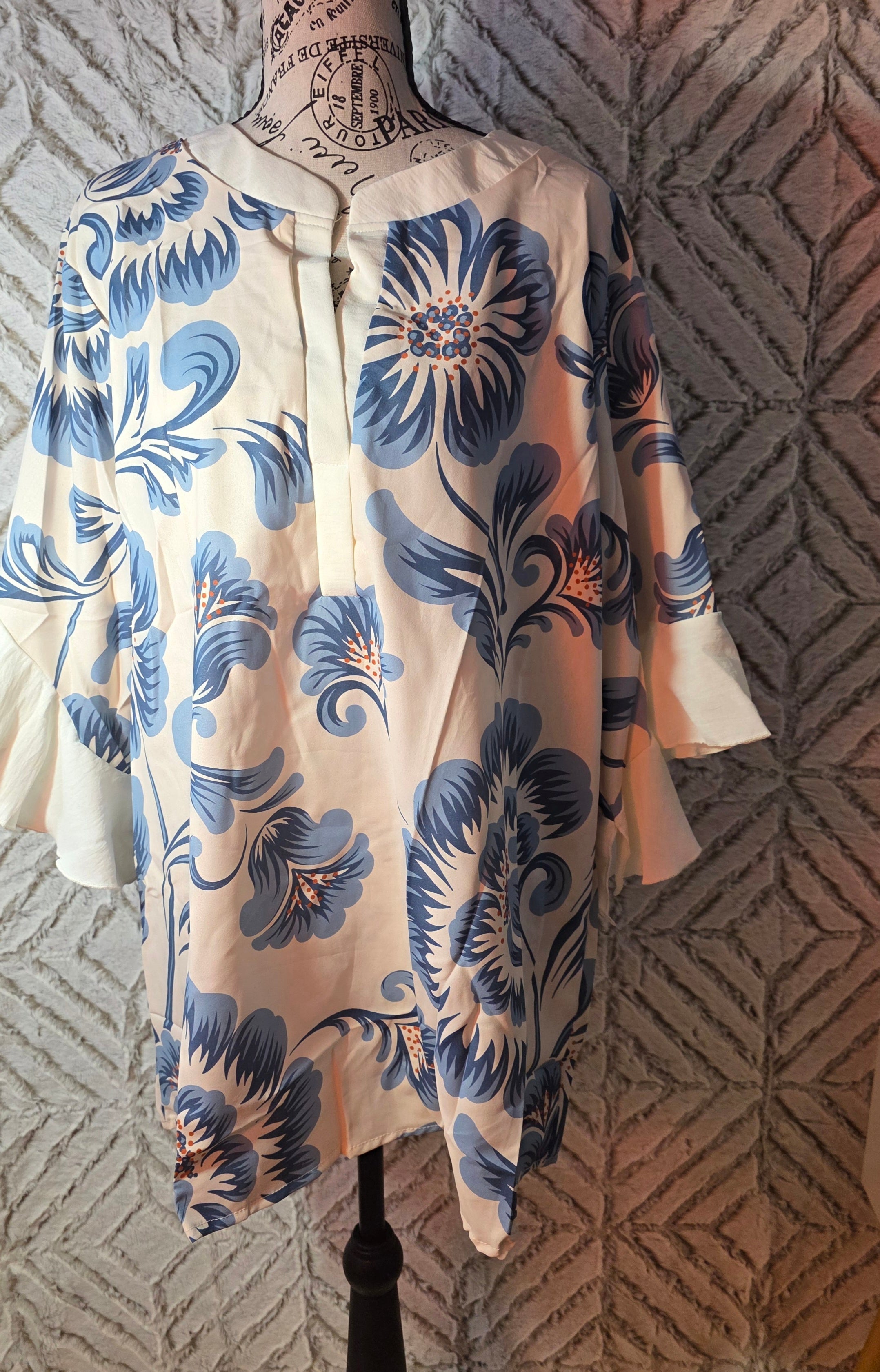 Blue flower print / cream color top for women