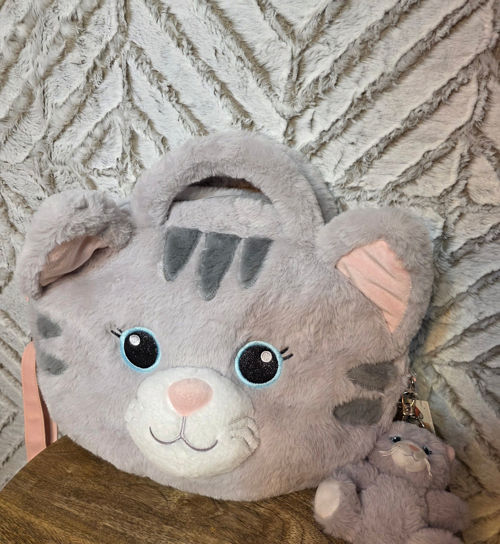 Tabby cat bag with strap handles and plushie