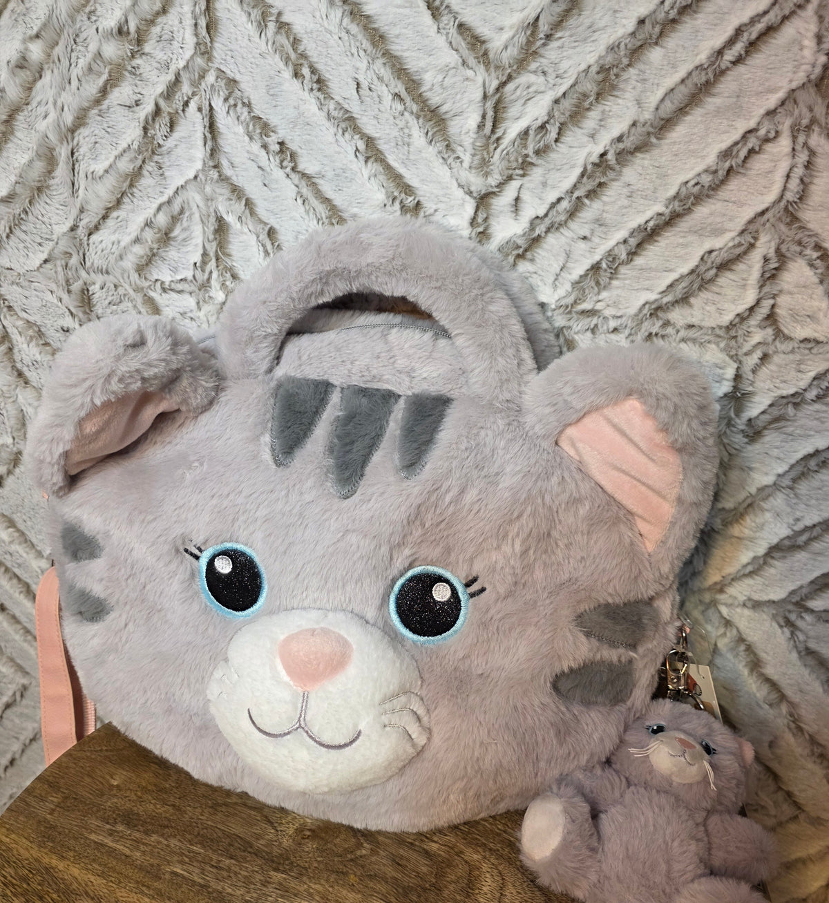 Tabby cat bag with strap handles and plushie