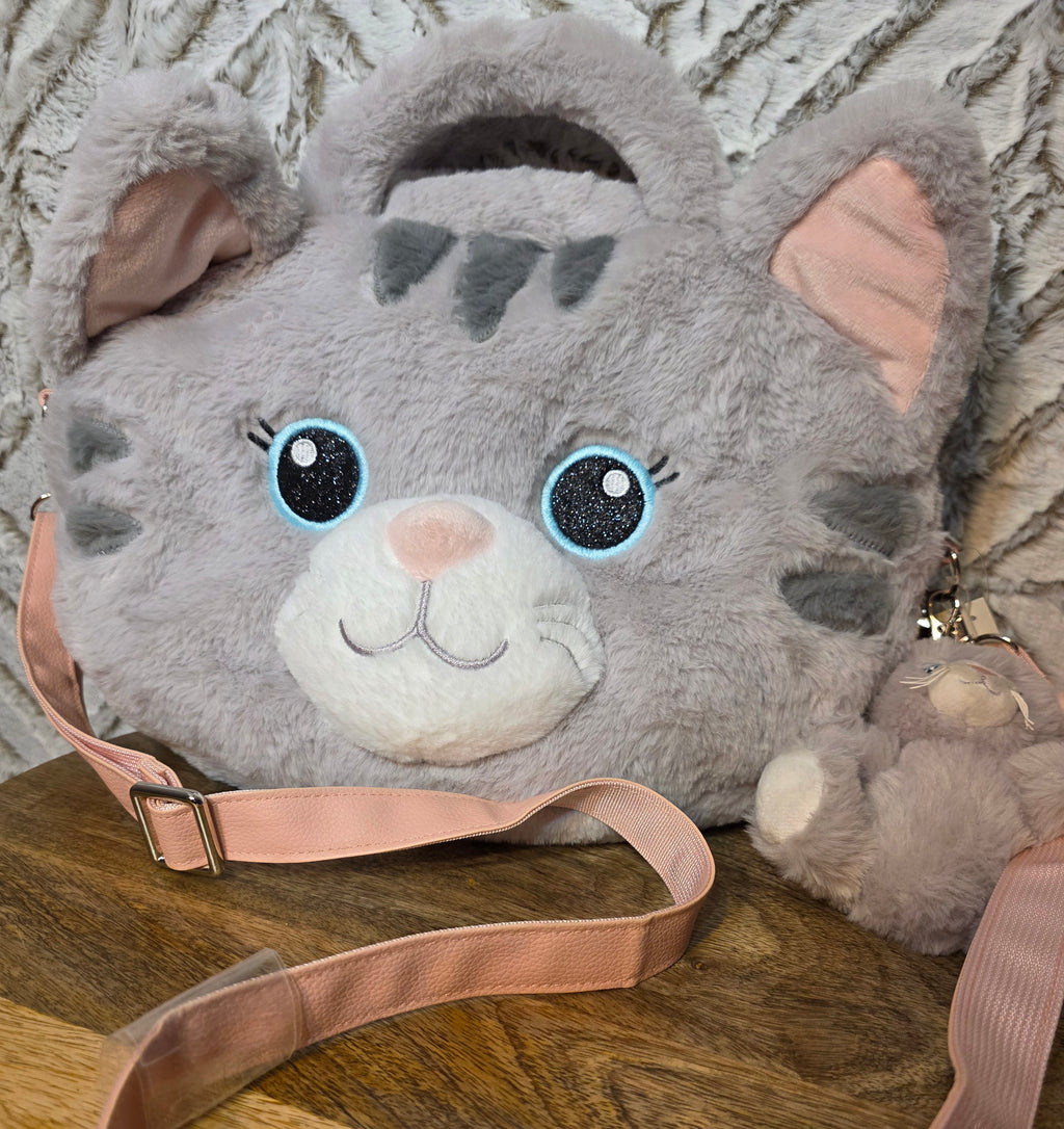 Tabby cat bag with strap handles and plushie