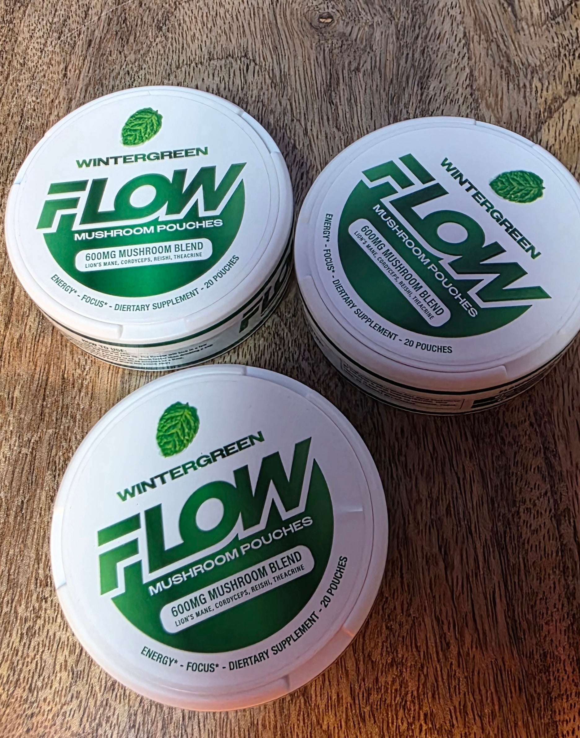 Wintergreen FLOW mushroom pouches 600mg 20 in each can ×3