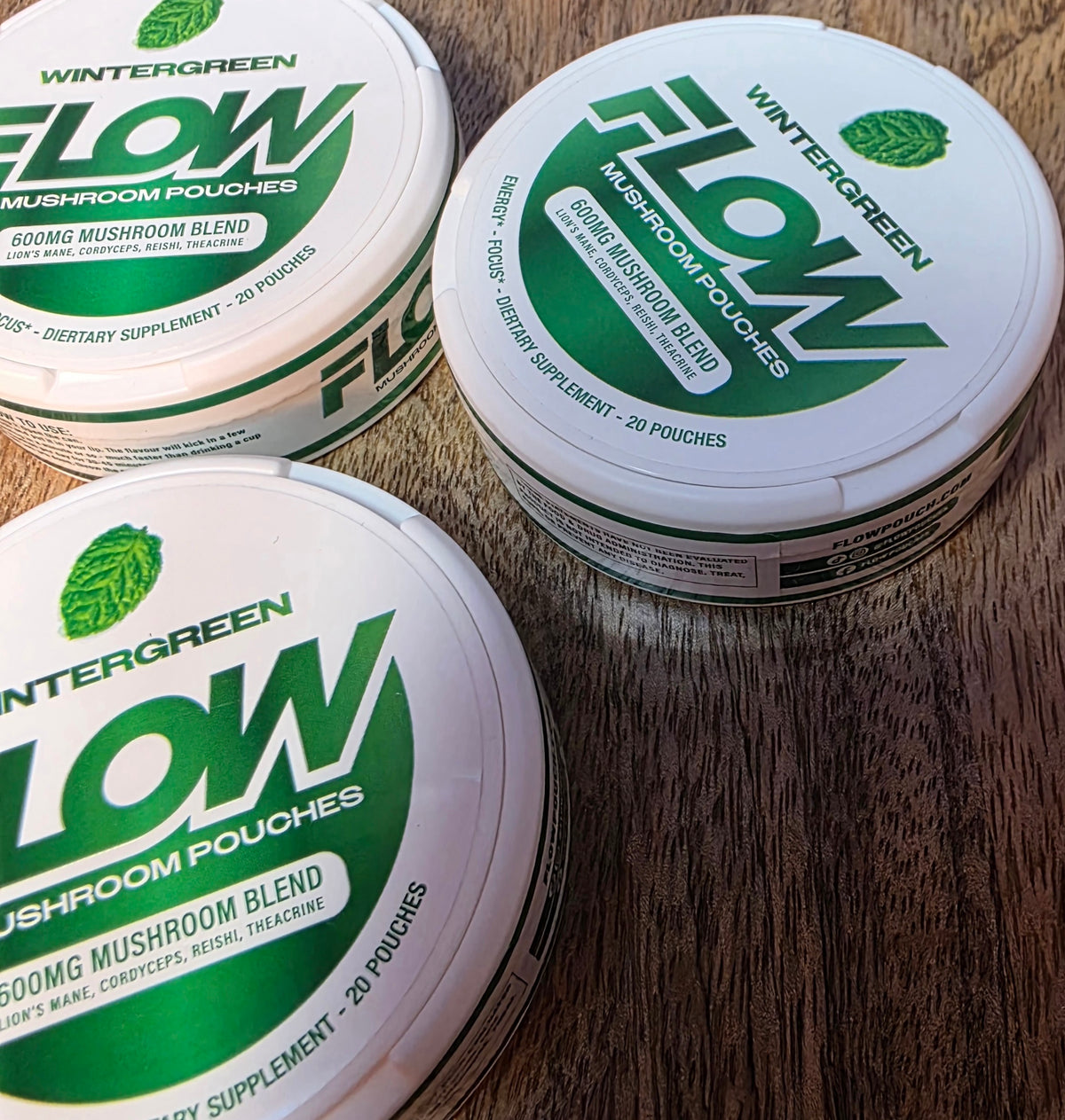 Wintergreen FLOW mushroom pouches 600mg 20 in each can ×3