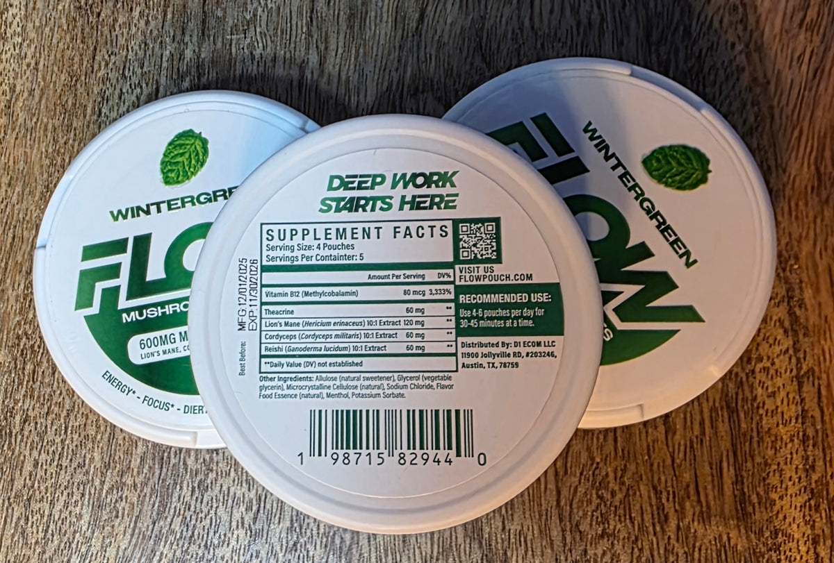 Wintergreen FLOW mushroom pouches 600mg 20 in each can ×3