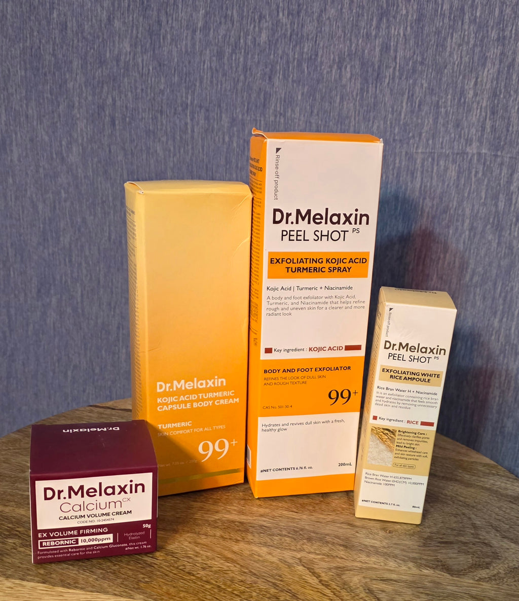 Dr.MELAXIN bundle of 4 full size products calcium volume cream , peel shot, body and foot tumeric spray, body cream