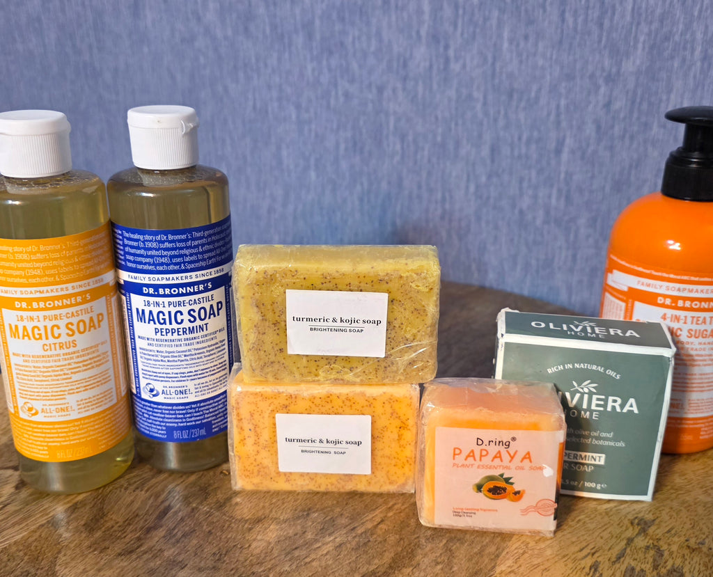 7 full size products soap bundle one price magic soap , turmeric soaps , papaya, Dr. Bronners soap