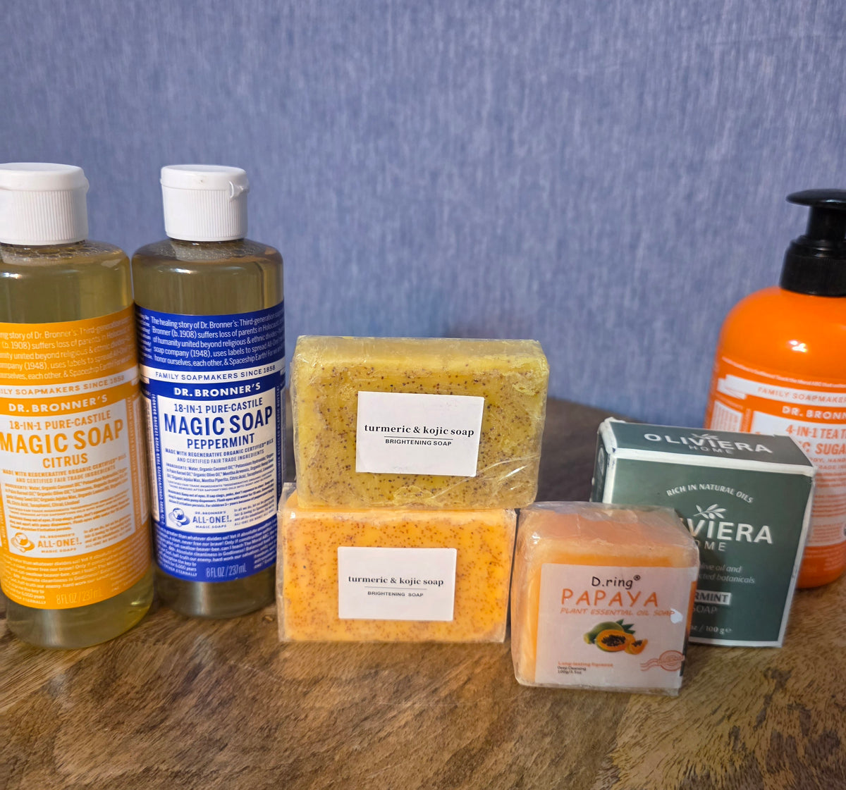 7 full size products soap bundle one price magic soap , turmeric soaps , papaya, Dr. Bronners soap