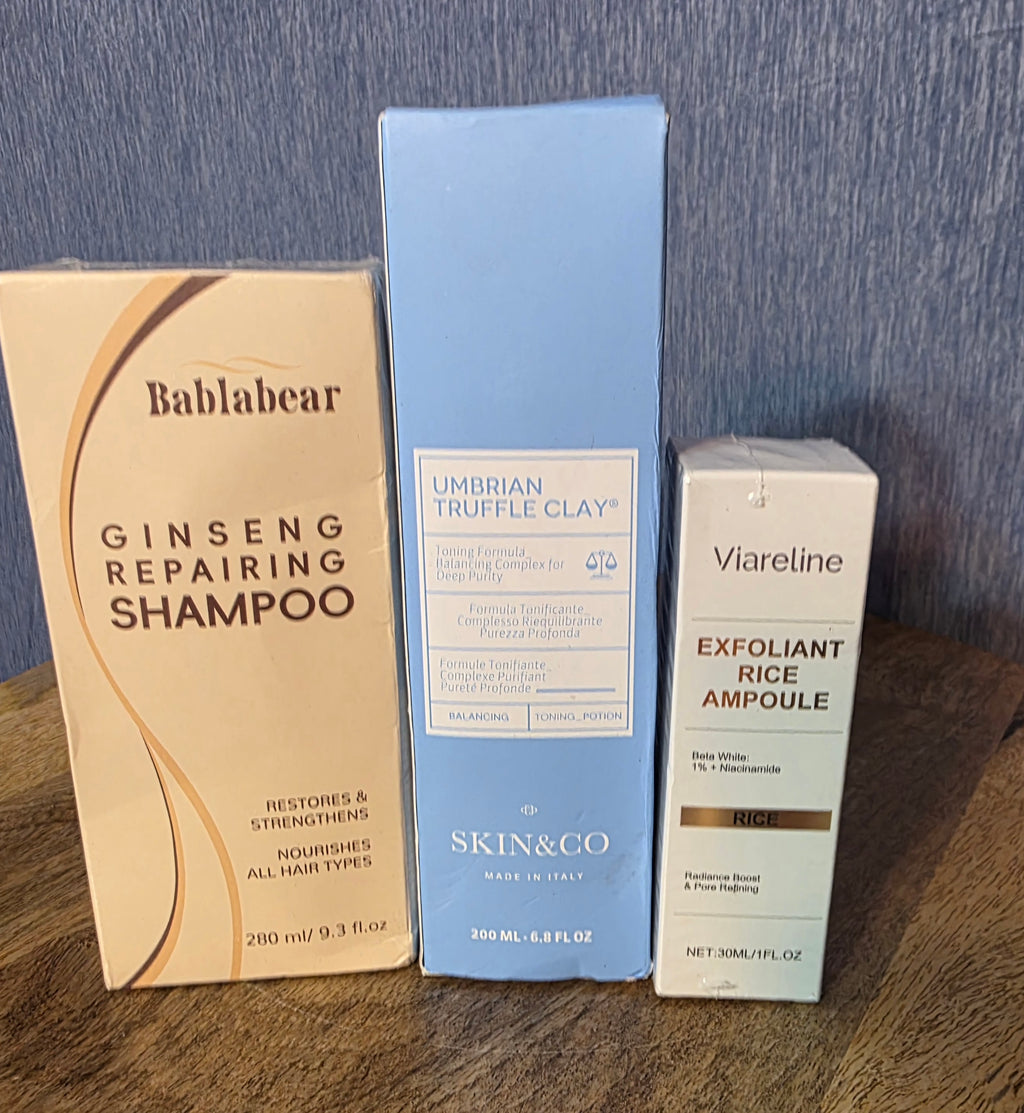 3 full size products bundle Ginseng shampoo, truffle clay mask, Exfoliant