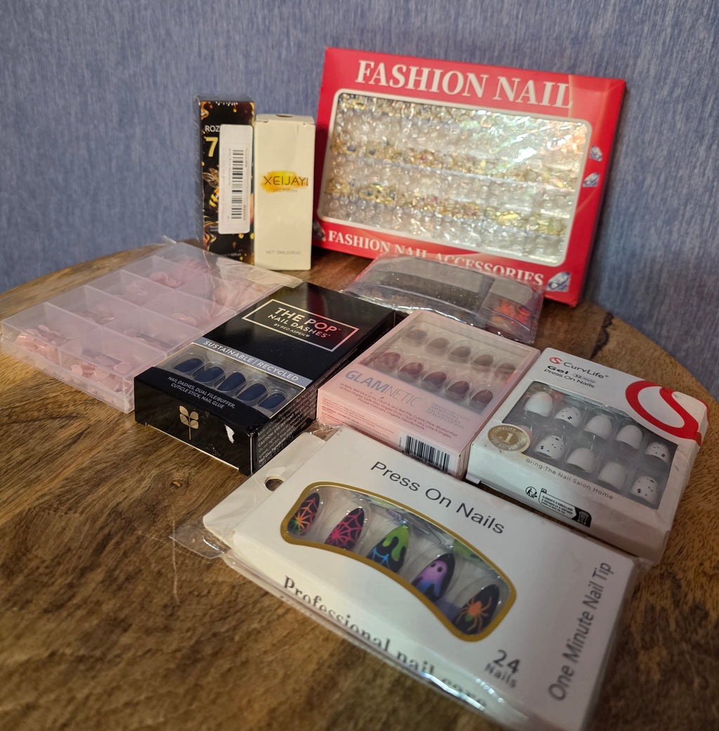 Nail Fun bundle 4 pairs of glue on nails , 1 pack nail art , sparkle to glue on nails, 1 pack of tips , 1 bottle gel polish, 1 bottle 7 day plus for nail health