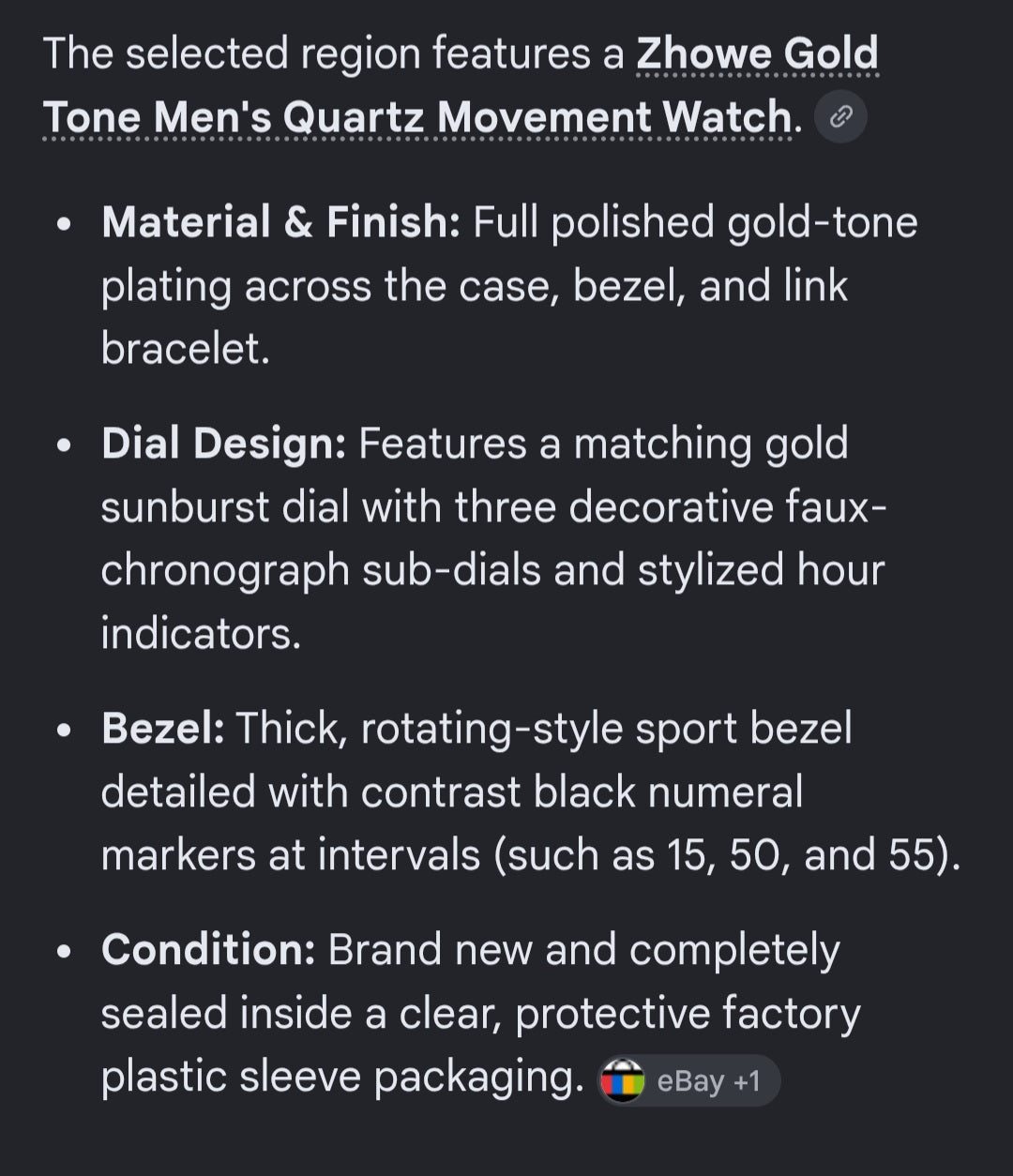 Mens watch gold tone Zhowe brand