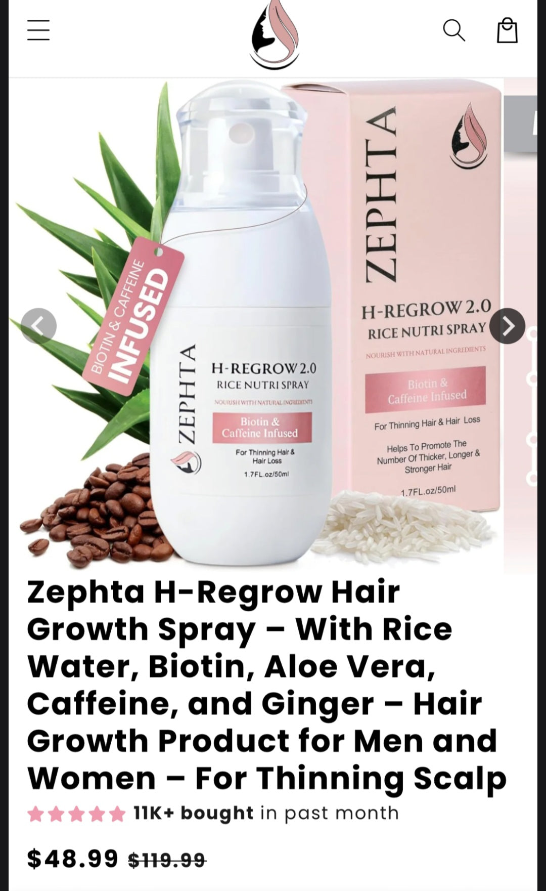ZEPHTA H REGROW 2.0 RICE SPRAY FOR HAIR