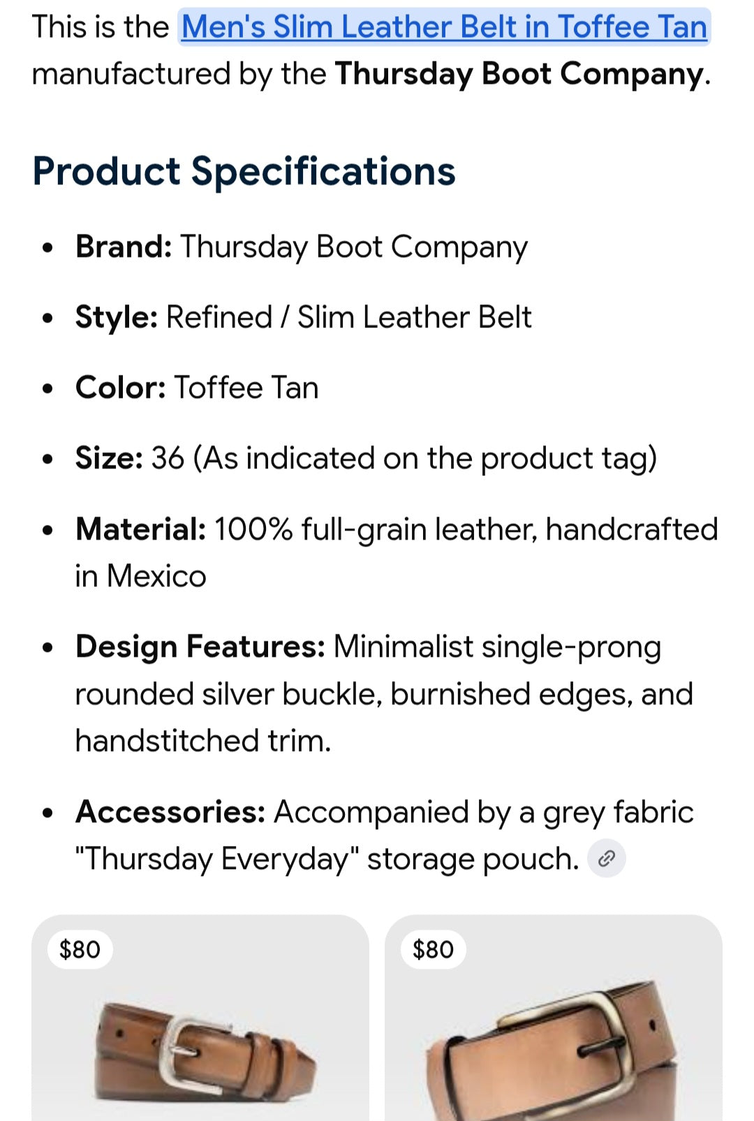 Mens 100% leather belt by Thursday Boot Company