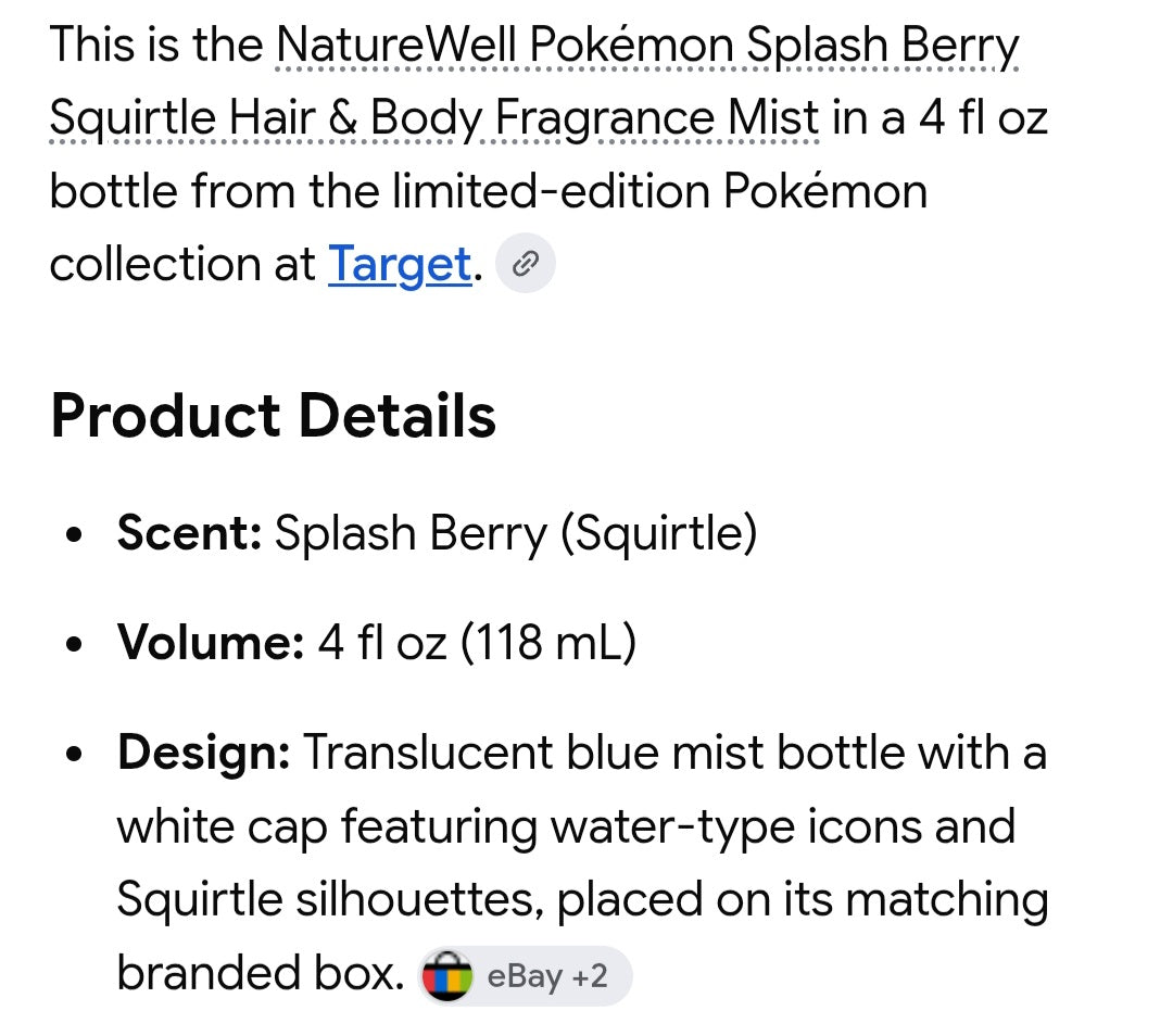 POKEMON naturewell splashberry hair and body spray